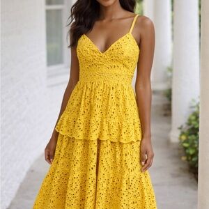 Mustard Yellow Eyelet Tiered Sundress - Women